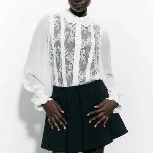 Zara White Lace Button Down Shirt